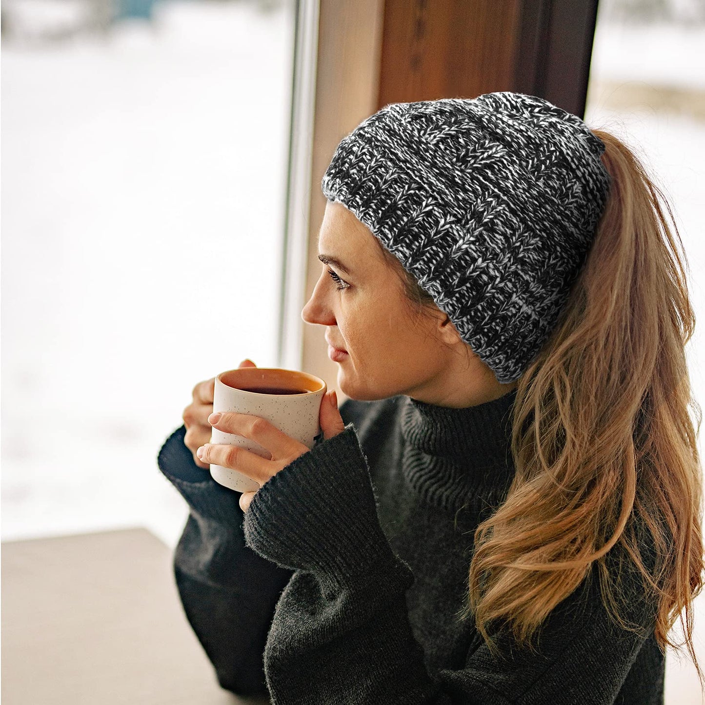 PHOGARY 2 Pack Ponytail Hats for Women Criss Cross Winter High Messy Bun Beanie Hat with Ponytail Hole (Colorful Black & Rice)