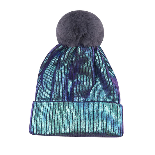 JUMIEE Women Girls Metallic Knitted Winter Beanie Hat Slouchy Faux Fur Pom Pom Skull Cap