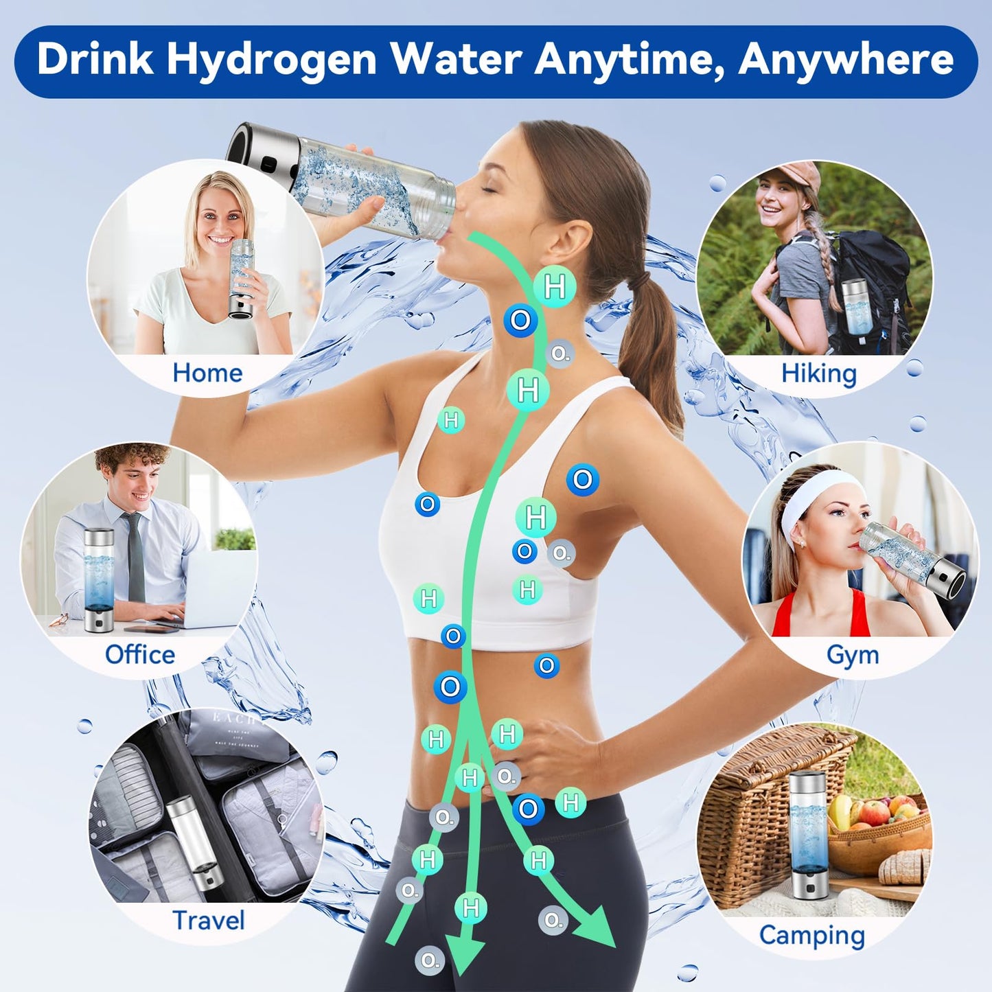 Hydrogen Water Bottle Generator, 2 in 1 Hydroh Hydrogen Water Bottle with SPE/PEM Technology, 460ml Portable Rechargeable Ionizer Machine for Home, Office, Travel and Fitness