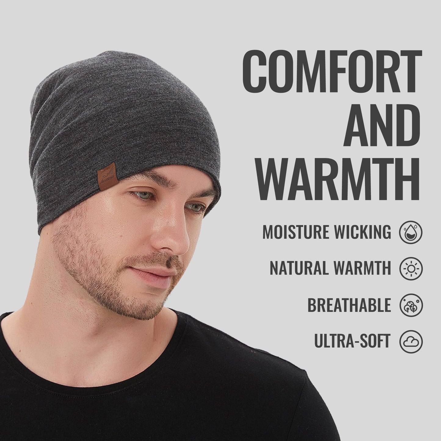 ACUSHLA 100% Merino Wool Cuff Beanie for Men & Women Knitted Winter Hat Unisex Watch Cap Skull Wrap for Cold Weather, Dark Grey