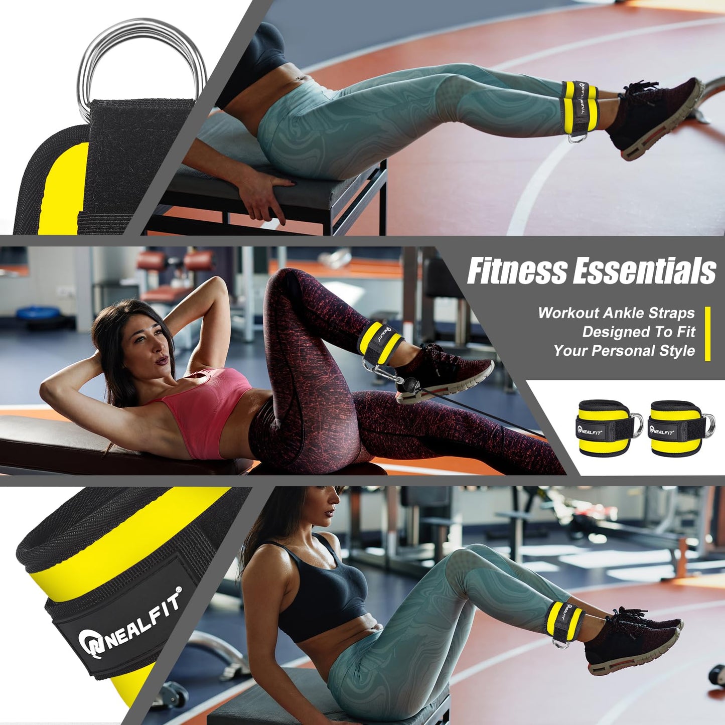 NEALFIT Ankle Strap for Cable Machine, Gym Ankle Cuff for Kickbacks, Leg Extensions, Glute Workouts, Booty Hip Abductors Exercise for Women and Men (Pair, Yellow)