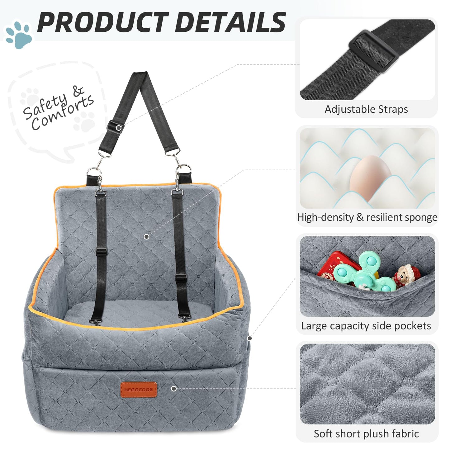 HEGGCOOE Dog Car Seat for Small Medium Dogs, Memory Foam Puppy Dog Booster Seat with Thick Cushion for Dogs Under 35lbs, Detachable Washable Pet Car Seat Travel Bed with Storage Pockets,2 Safety Belts