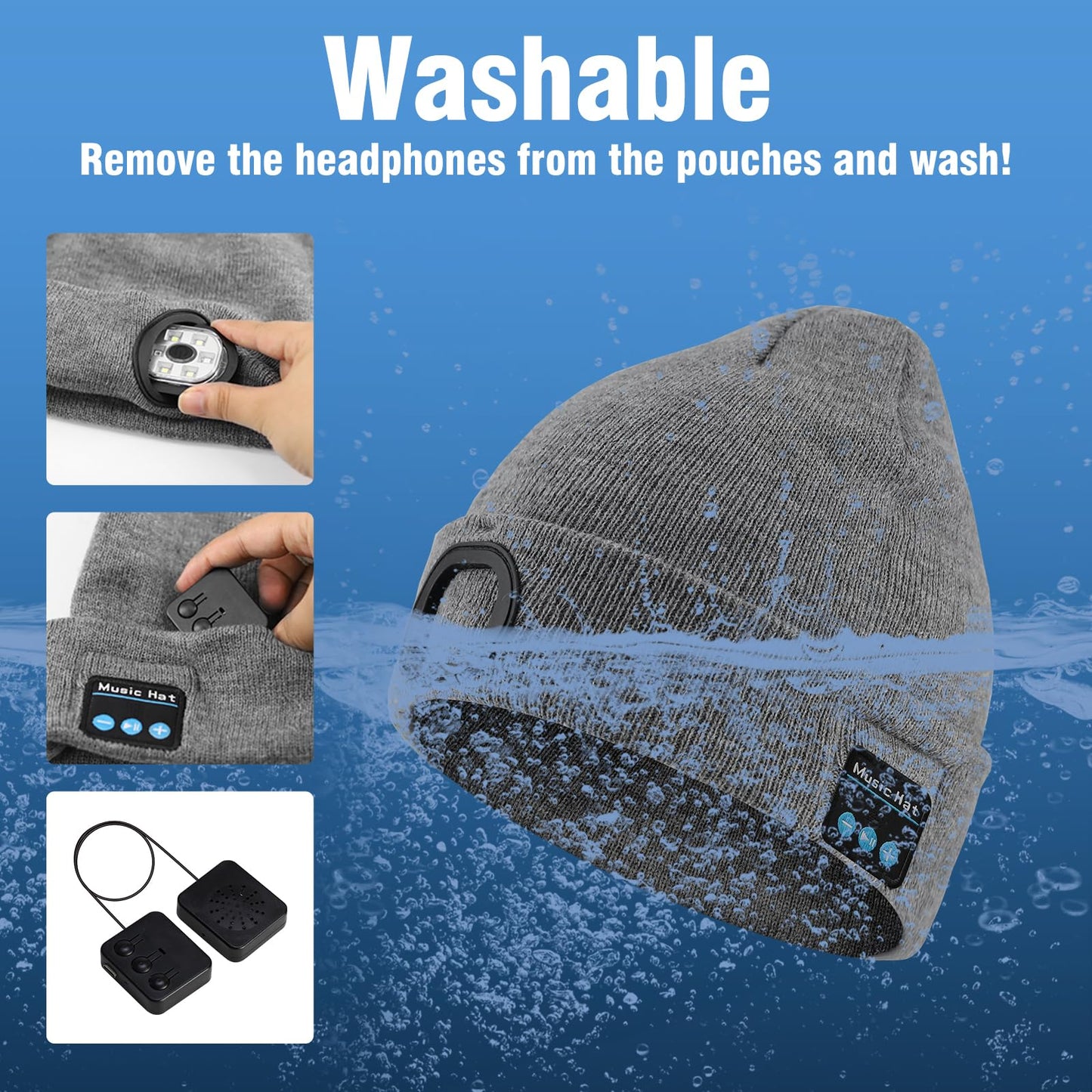 Rotibox Bluetooth Beanie with Light, Unisex USB Rechargeable 4 LED Headlamp Hat, Wireless Headphones Grey