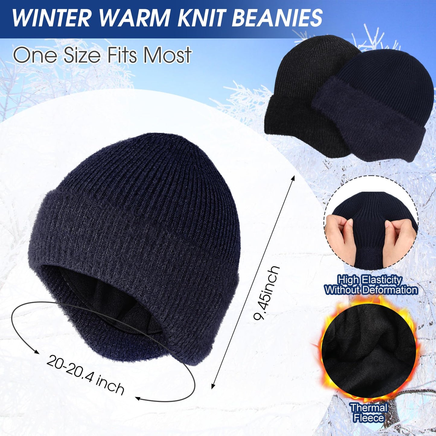 Jeere 4 Pcs Winter Beanie Hat with Earflap Gloves for Men Women Soft Warm Beanie Hat Gloves Set Knit Gloves Beanie Cap Set(Dark Grey, Dark Blue)