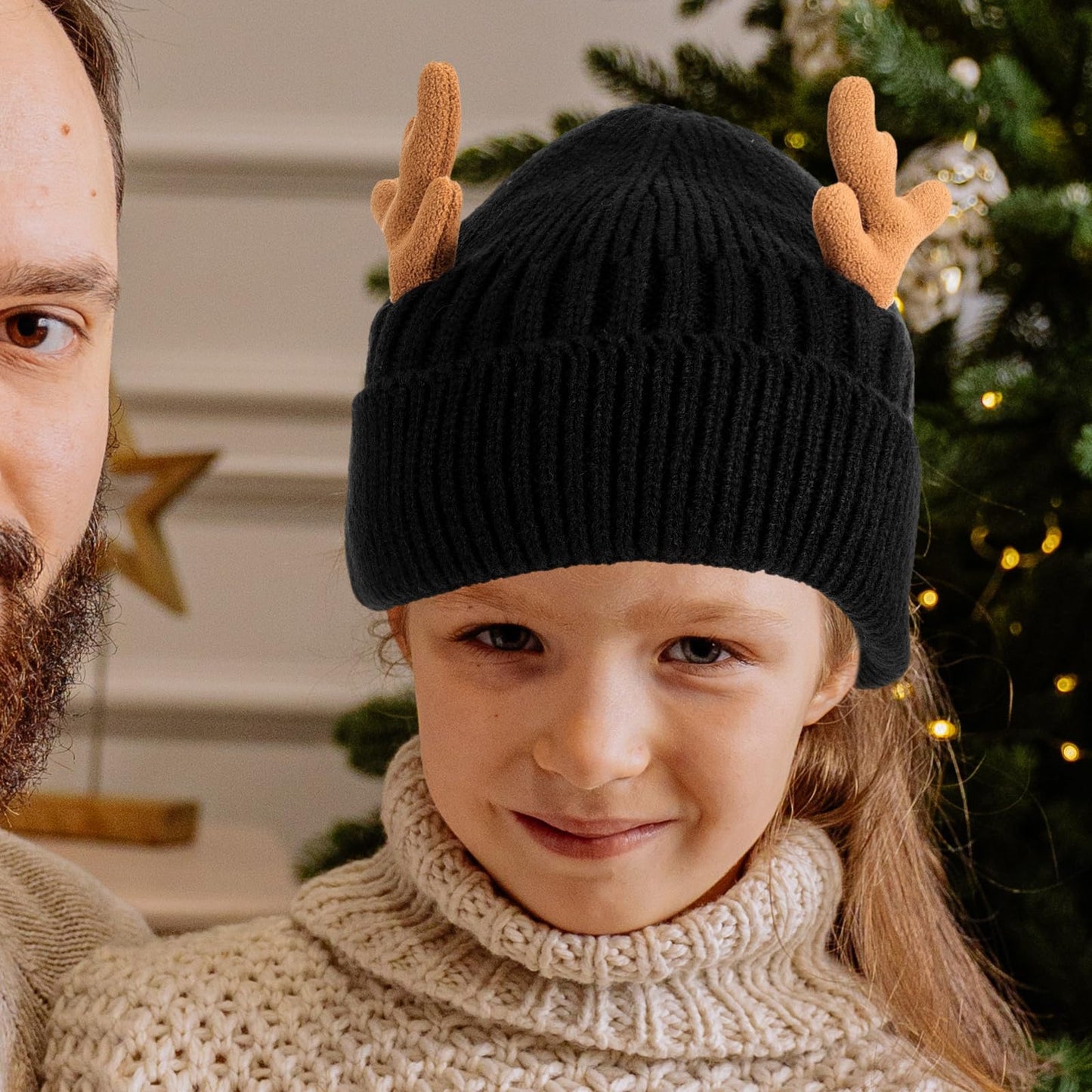 MAGICLULU 1 Pack Reindeer Beanie Antler Warm Cap Christmas Knitted Beanie Hat for Adults Women Adults(Black)