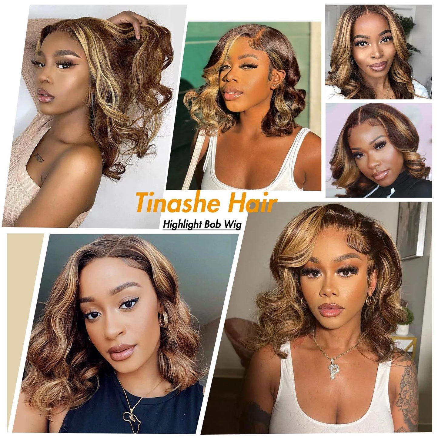 Tinashe 12Inch Wear and Go Glueless Bob Wig Human Hair Highlight Bob Wig Human Hair Honey Blonde 5x6 Body Wave Wigs for Beginners Glueless Short Bob Wig(12inch,P4/27 Loose Body Bob Wig)