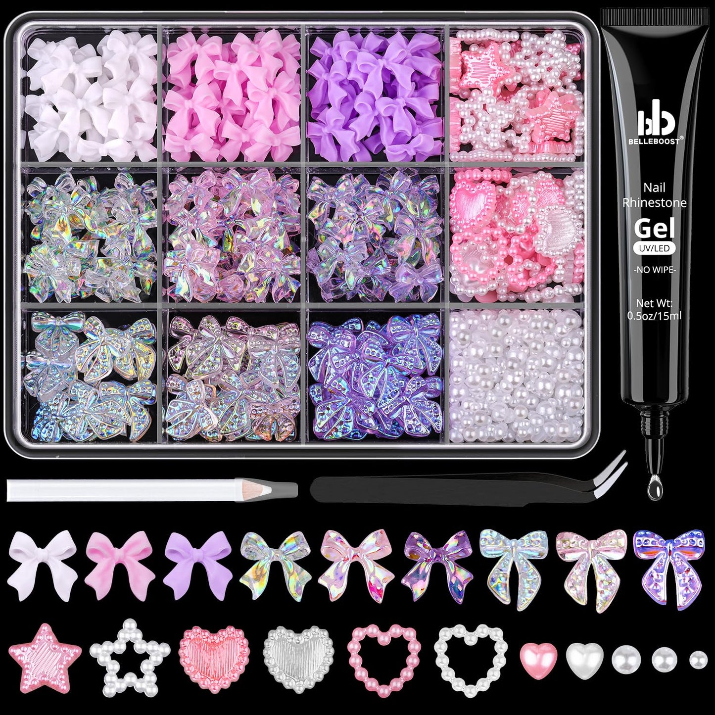 500 Pcs 3D Nail Charms and Flatback Pearls #11, 6 Colors Bow + Pink&White Star Heart Cute Charms + 2-6mm White Pearls for Nail Art Design with Nail Charm Glue(UV Needed) and Pickup Tools