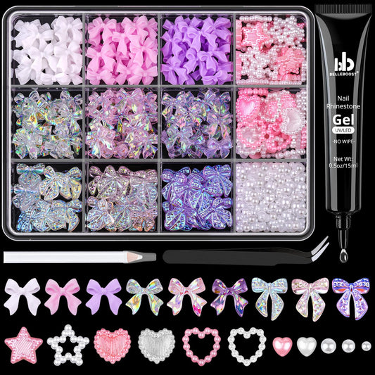 500 Pcs 3D Nail Charms and Flatback Pearls #11, 6 Colors Bow + Pink&White Star Heart Cute Charms + 2-6mm White Pearls for Nail Art Design with Nail Charm Glue(UV Needed) and Pickup Tools