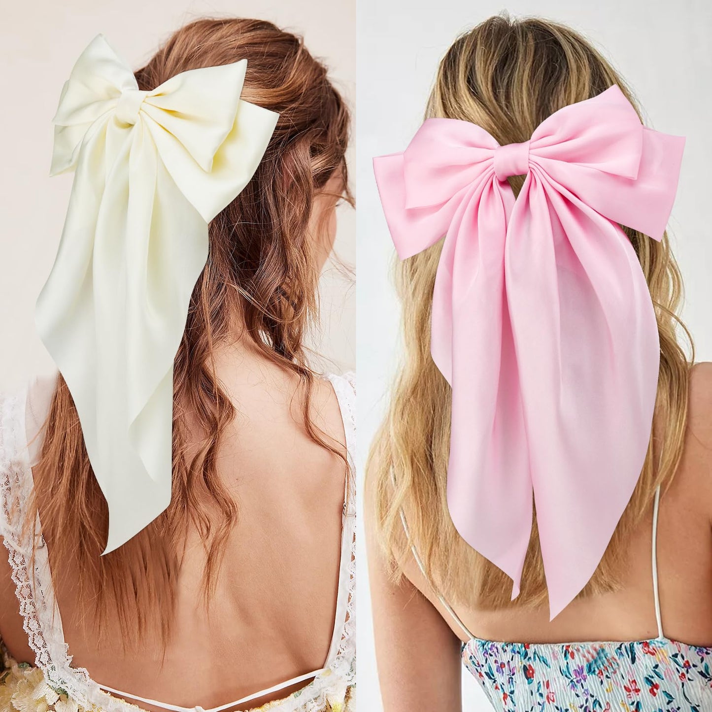 Velscrun Hair Bows for Women Girls 3Pcs White Pink Purple Silky Satin Large Bows Hair Clip Oversized Hair Ribbons Long Tail Big Bows Hair Accessories