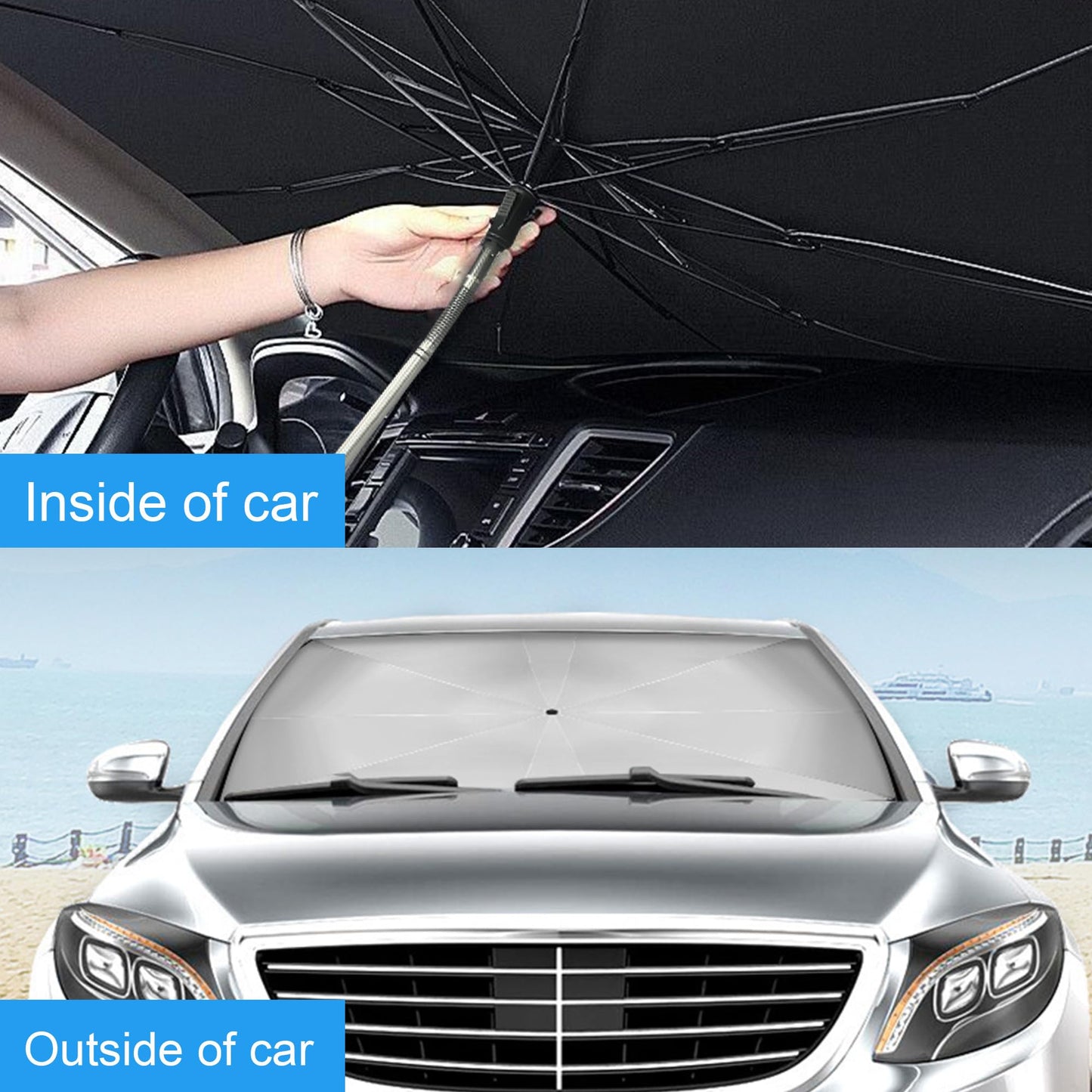 Windshield Sun Shade Umbrella, Portable Foldable, Spring Structure Wind Shield, Front Window Sunshade, Protect from Sun Rays Car Windshield, Universal for Any Car (53.1'' x 29.5'')