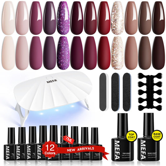 MEFA 19 Pcs Gel Nail Polish Kit with U V Light, 12 Colors Gel Nail Polish Set with Base Top Coat Burgundy Red Champagne Gold Gel Soak Off Purple Manicure Tools Beginners Salon Art DIY for Women