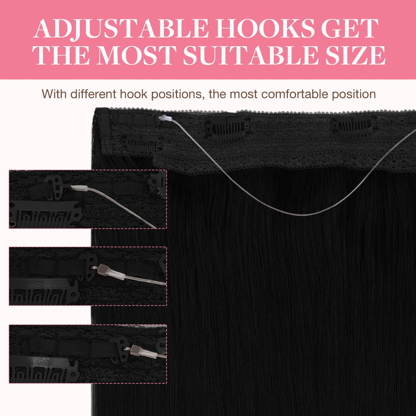 GOO GOO Wire Hair Extensions Human Hair, 1 Jet black Natural 18inch 125g, Invisible Wire Hair Extensions with Transparent, Seamless Fish Line Hairpiece