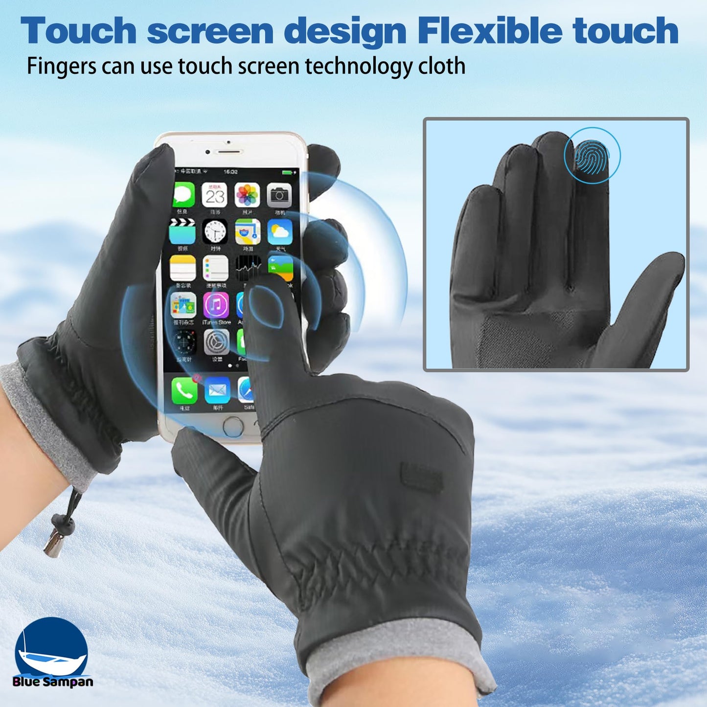 Blue Sampan Winter Gloves Women Men Waterproof Windproof,Warm Gloves for Cold Weather with Touchscreen Fingers, Winter Gloves for Running Driving Cycling Biking Riding Hiking Daily Work