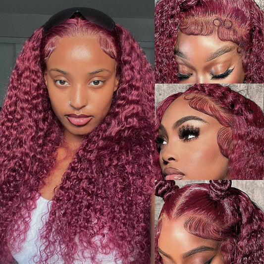 LRV 20 Inch Burgundy Lace Front Wigs Human Hair 13x4 HD Frontal Red Deep Wave Burgundy Human Hair Curly Red Lace Front Wigs for Women Pre Plucked 180 Density