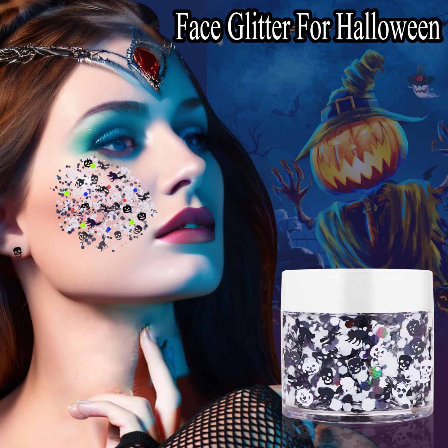 Paminify Halloween Body Glitter Gel,Black White Skull Pumpkin Professional Vibrant Music Festival Party Rave Accessories,Sparking Chunky Face Glitter Paint Makeup for Women and Kids