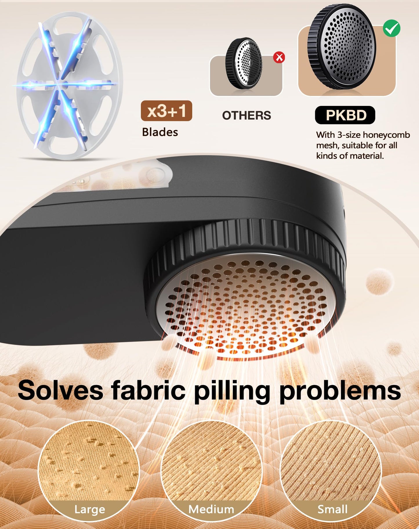 PKBD IPX6 Waterproof Washable Electric Fabric Shaver and Lint Remover, Rechargeable Sweater Defuzzer with 3 Free Extra Blades, Quickly and Effectively Remove Fluff,Fuzz,Bobbles for Clothes, Dark Black