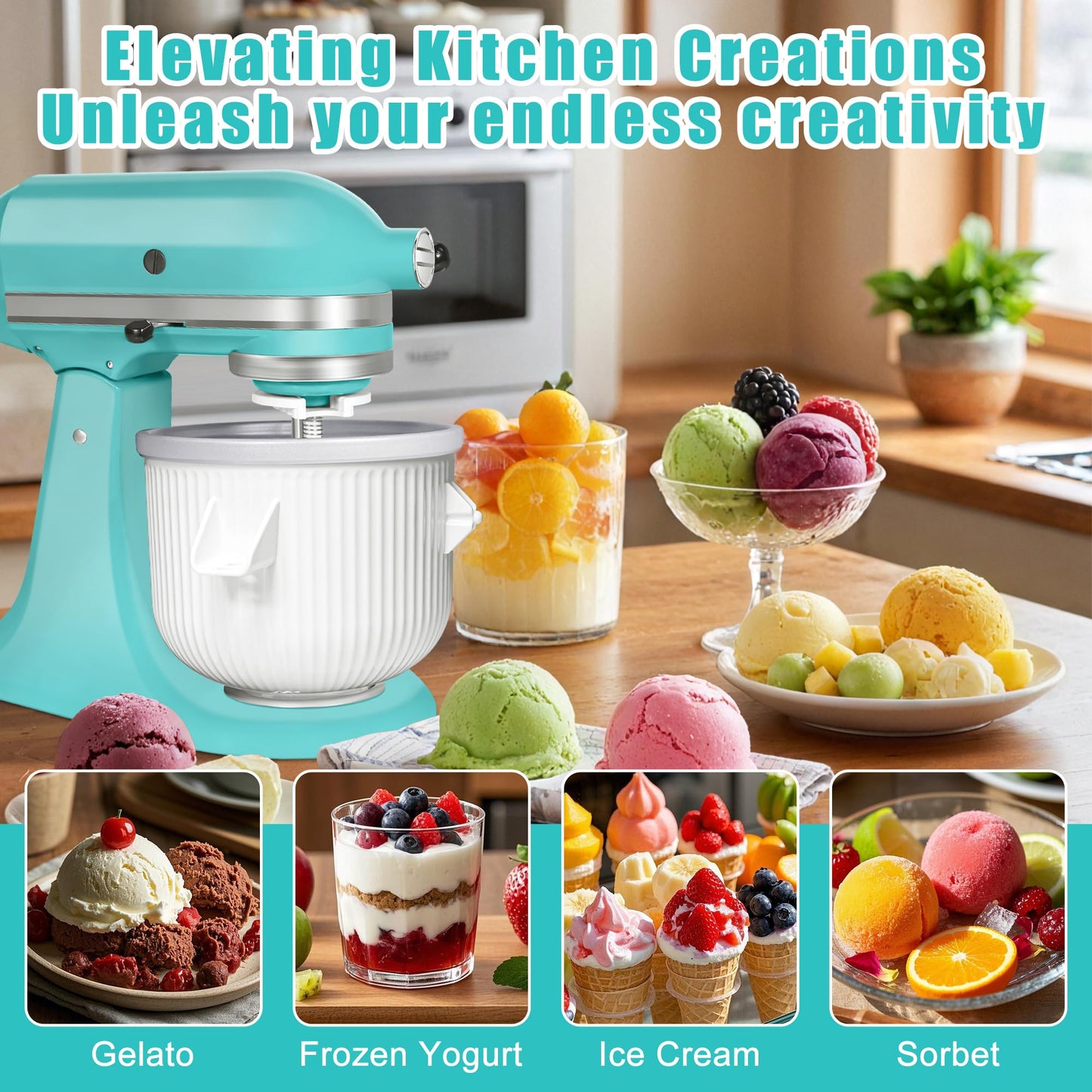 Ice Cream Maker Attachment for KitchenAid Stand Mixer, Kithcen aid Ice Cream Maker Attachment - Compatible with 4.5 QT and Larger Stand Mixers, 2-Quart Frozen Ice Cream Bowl for Homemade Frozen Treats