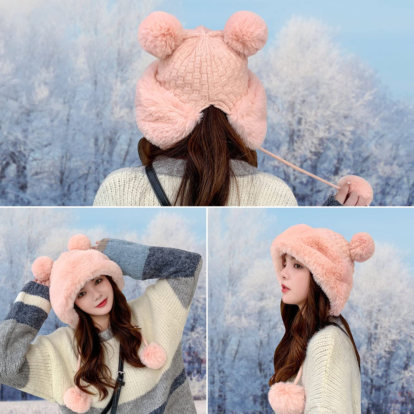 Peicees Winter Beanie Hats for Women Warm Knit Skull Cap Fur Hat with Pompom Russian Ushanka Trapper Hat Ear Cover Light Coffee