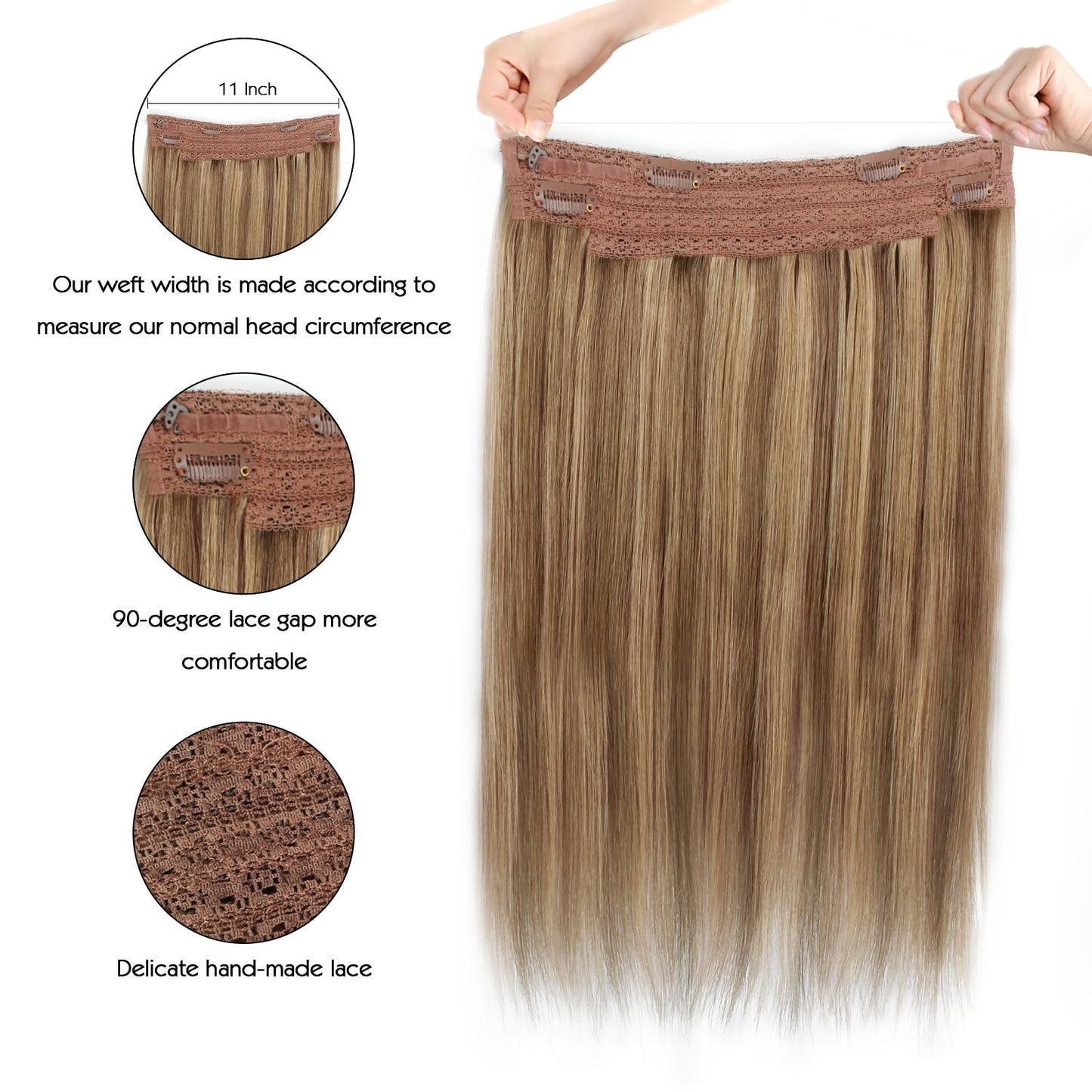 Sassina Invisible Wire Hair Extensions Real Human Hair with Transparent Wire Adjustable Size Secure Clips Natural Straight Secret Miracle Hairpiece, Highlight P6-12 12 Inch 70 Gram