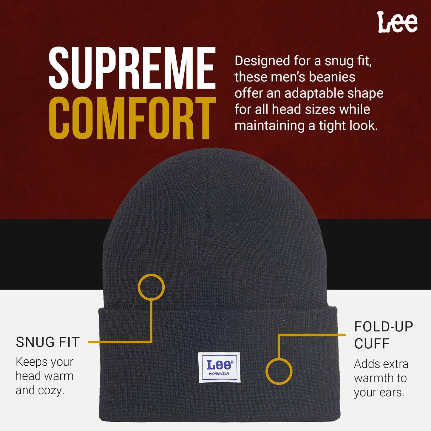 Lee Workwear Men’s Beanie Hats - Men Knit Cuffed Mens Skull Winter Hat, 2 Pack