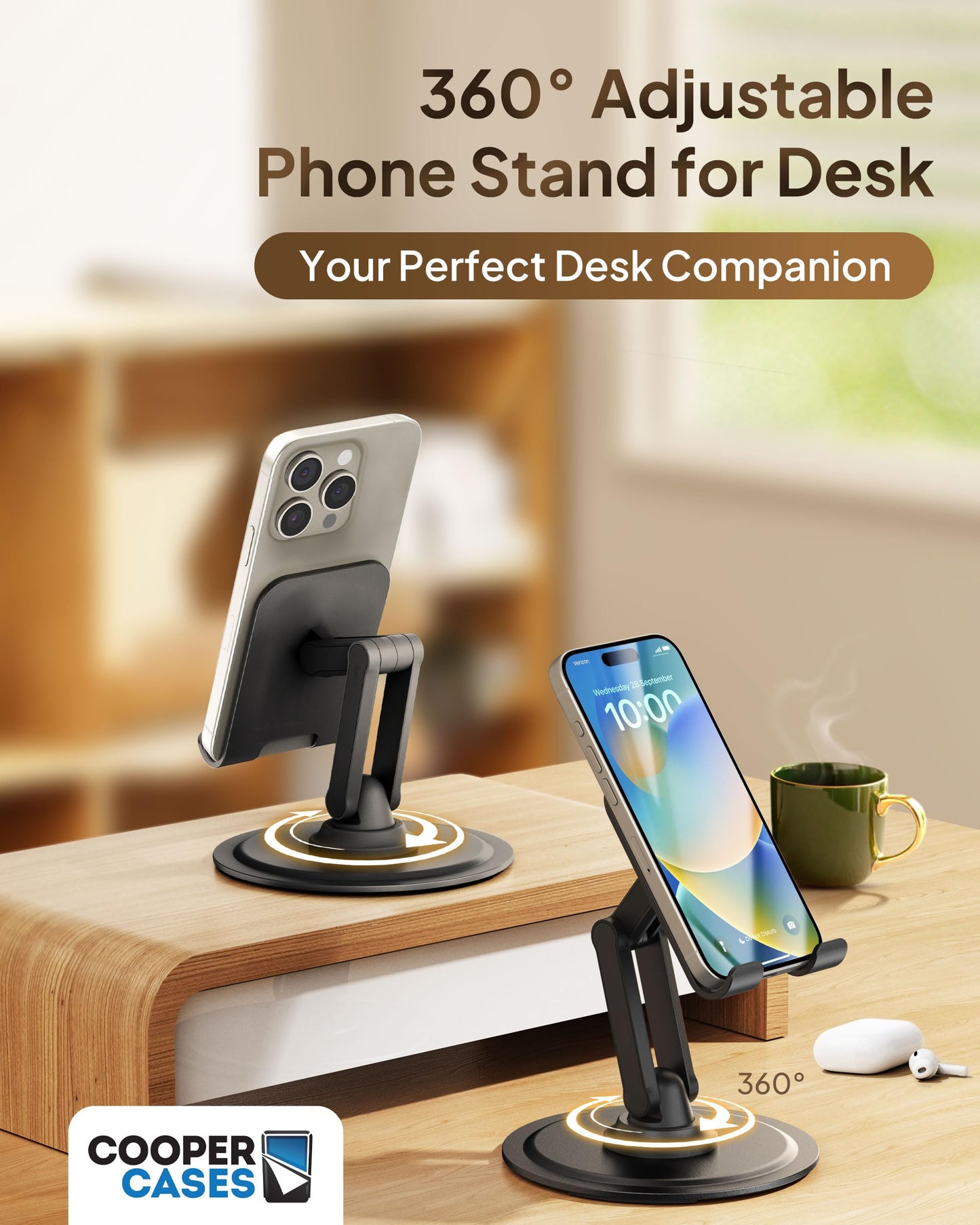 COOPER 360° Stand, Rotating Cell Phone Stand for Desk | Sturdy Metal Base, Foldable, Portable | Cell Phone Holder for Desk (Piano Black)