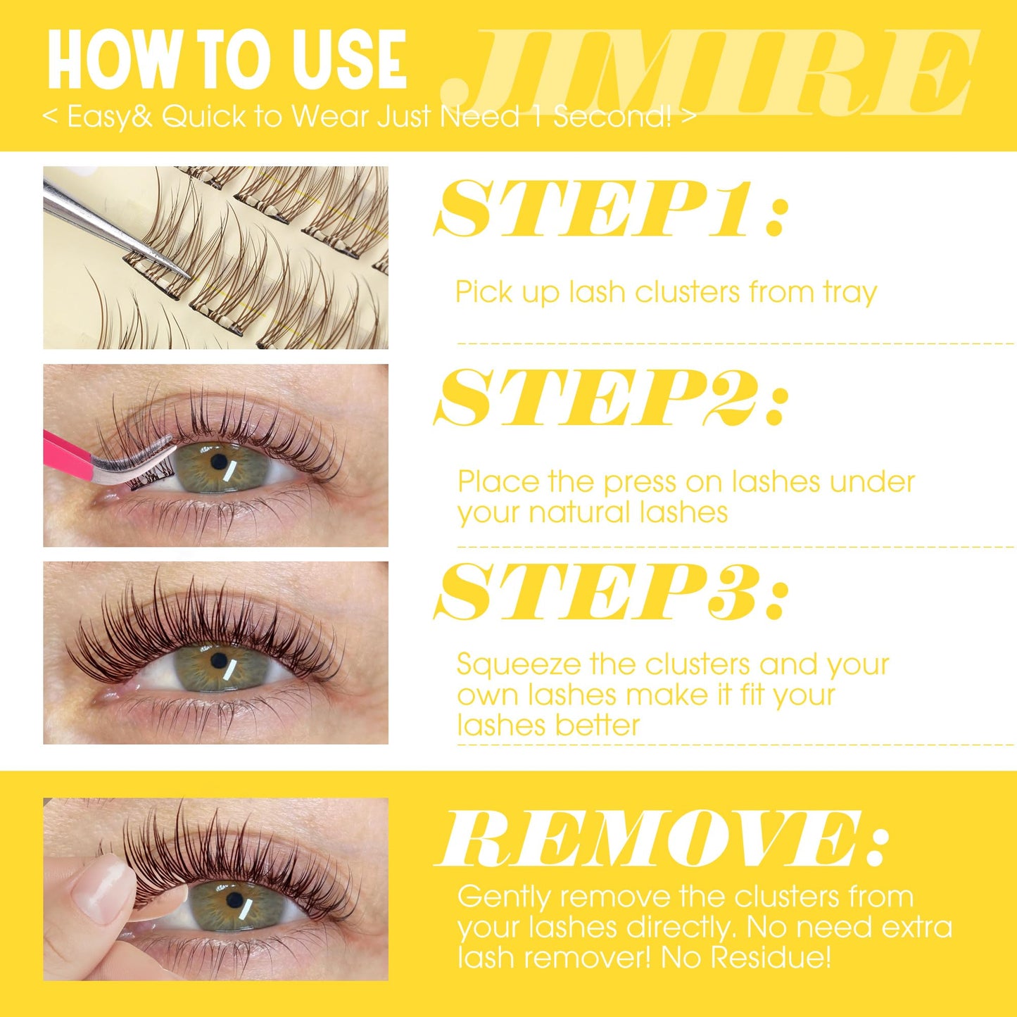 JIMIRE Brown Self-Adhesive Eyelashes - Press on Lash Clusters, Natural Look, Pre-Glued, Wispy 10-12MM Individual Lashes, Clear Band, Reusable Cluster Eyelash Extension
