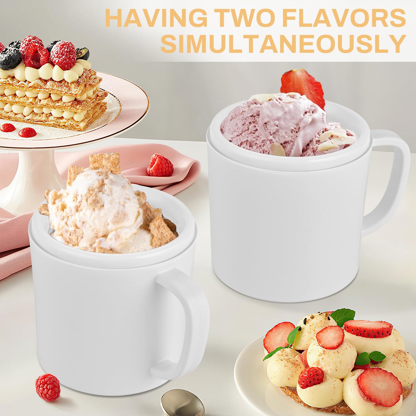 Pukomc Ice Cream Maker Machine for Home Use, with Two Ice Cream Bowls,Simple Operation and Easy to Clean,White