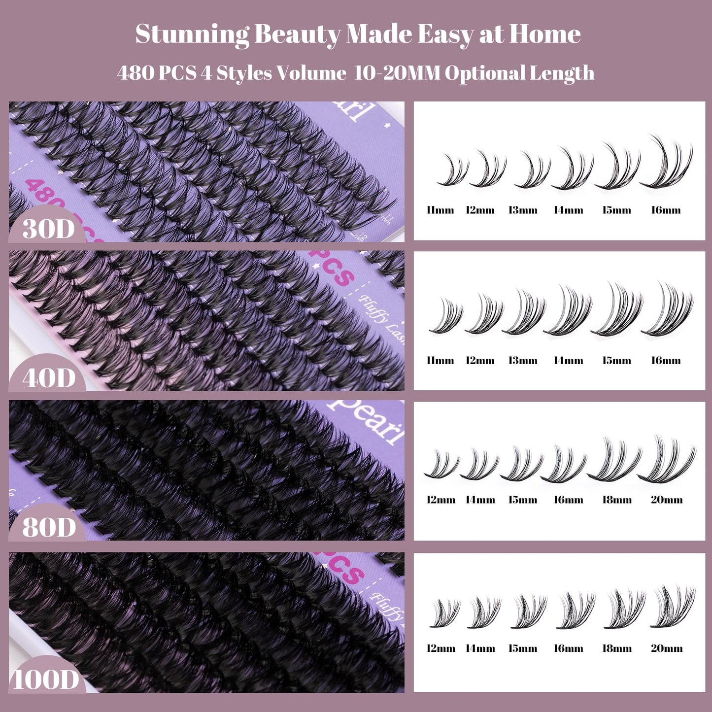 Ocean Pearl Lash Clusters 480PCS 11-20mm Individual Eyelash Extensions 30D+40D+80D+100D DIY Thick Volume Natural Lashes for Beginners at Home-4