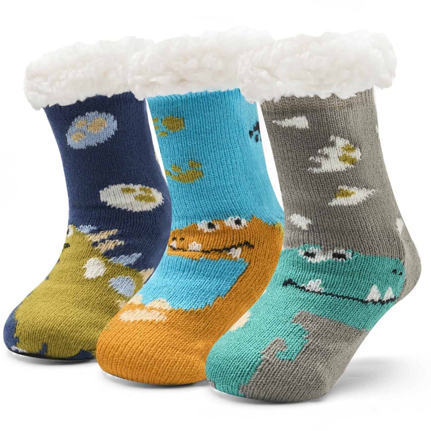 Moon Tree Toddler Boys Fuzzy Socks Winter Warm Socks for Kids Boys Thick Thermal Fleece Lined Fluffy Socks for Home 3 Pack Cartoon Dinos 2-3T