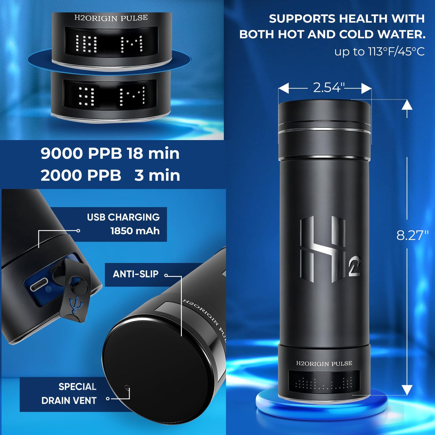 H2ORIGIN PULSE Hydrogen Water Bottle Generator, Up to 9000 PPB Hydrogen Bottle Water Ionizer with SPE/PEM Technology, 3-in-1 Portable Universal Adapter and Refreshing Mist Spray for Home Hydration
