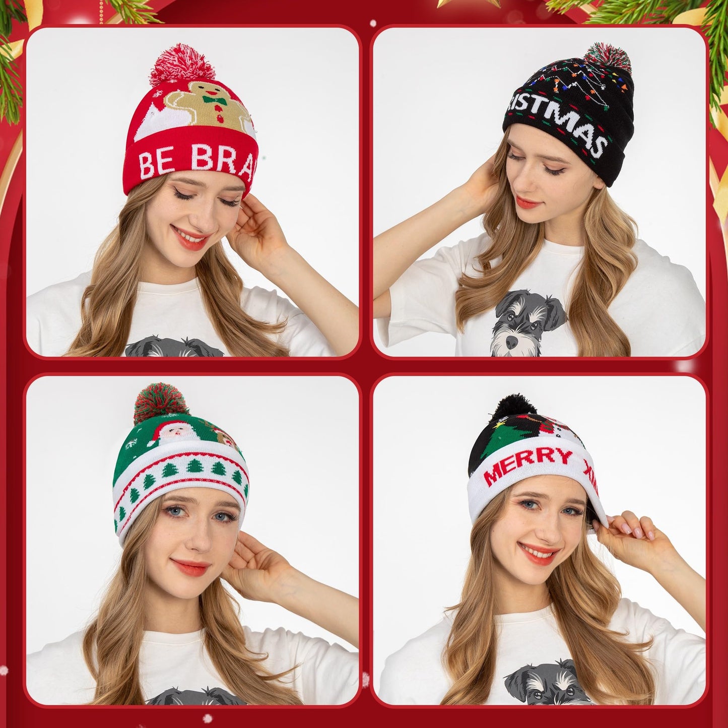 JAZGROM 4 Pack LED Light up Christmas Beanie Hats Xmas Knitted Hat Unisex Winter Hat Flashing Knit Cap Party Hat for Men Women Holiday Party Supplies (Battery Included)