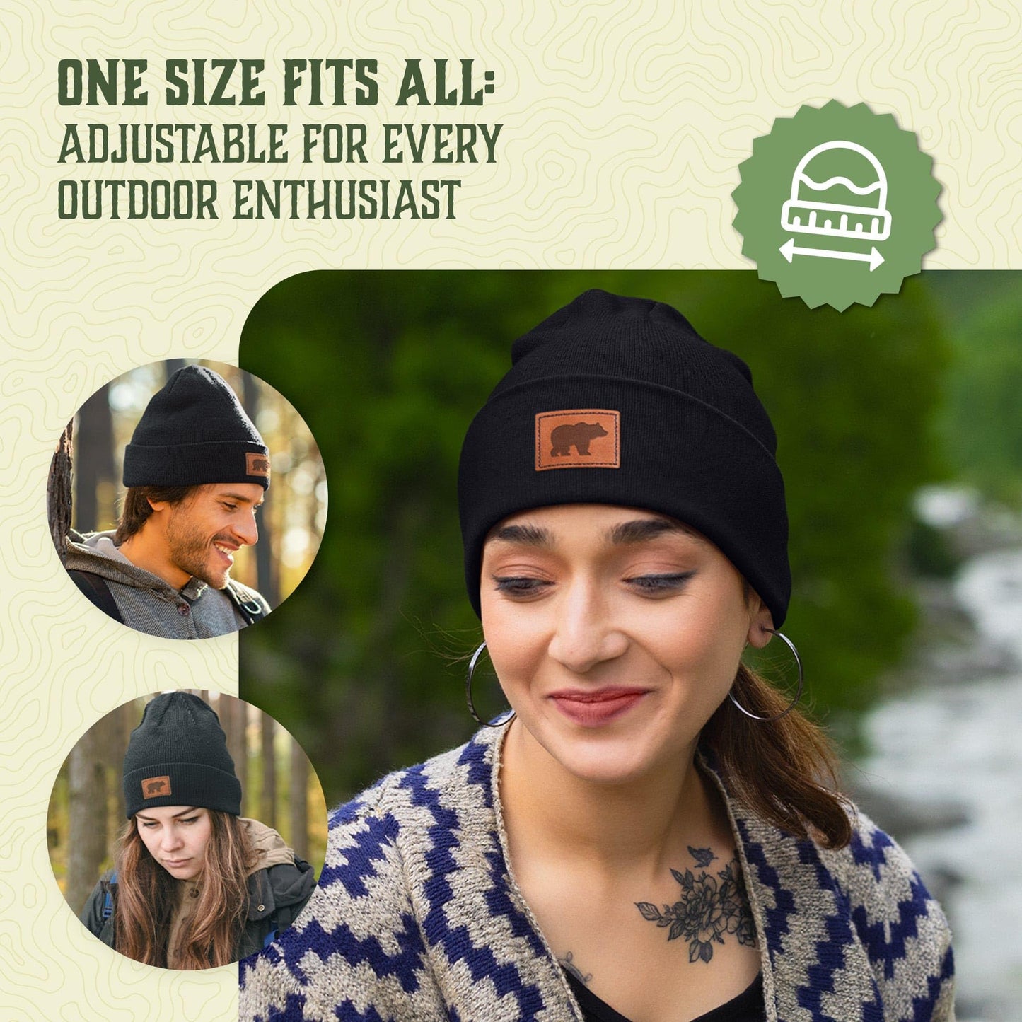 The National Parks Bear Beanie | One Size Fits All | Warm Winter Cuffed Beanie Cap Black