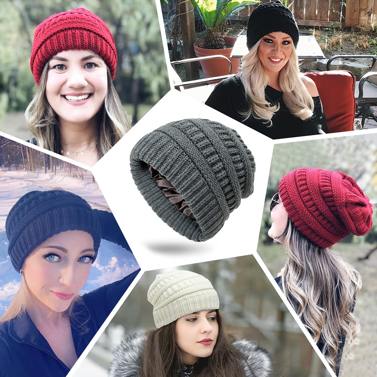 Muryobao Womens Winter Warm Knitted Hat Satin Silk Lined Cable Knit Beanie Chunky Slouchy Skull Cap Dark Grey