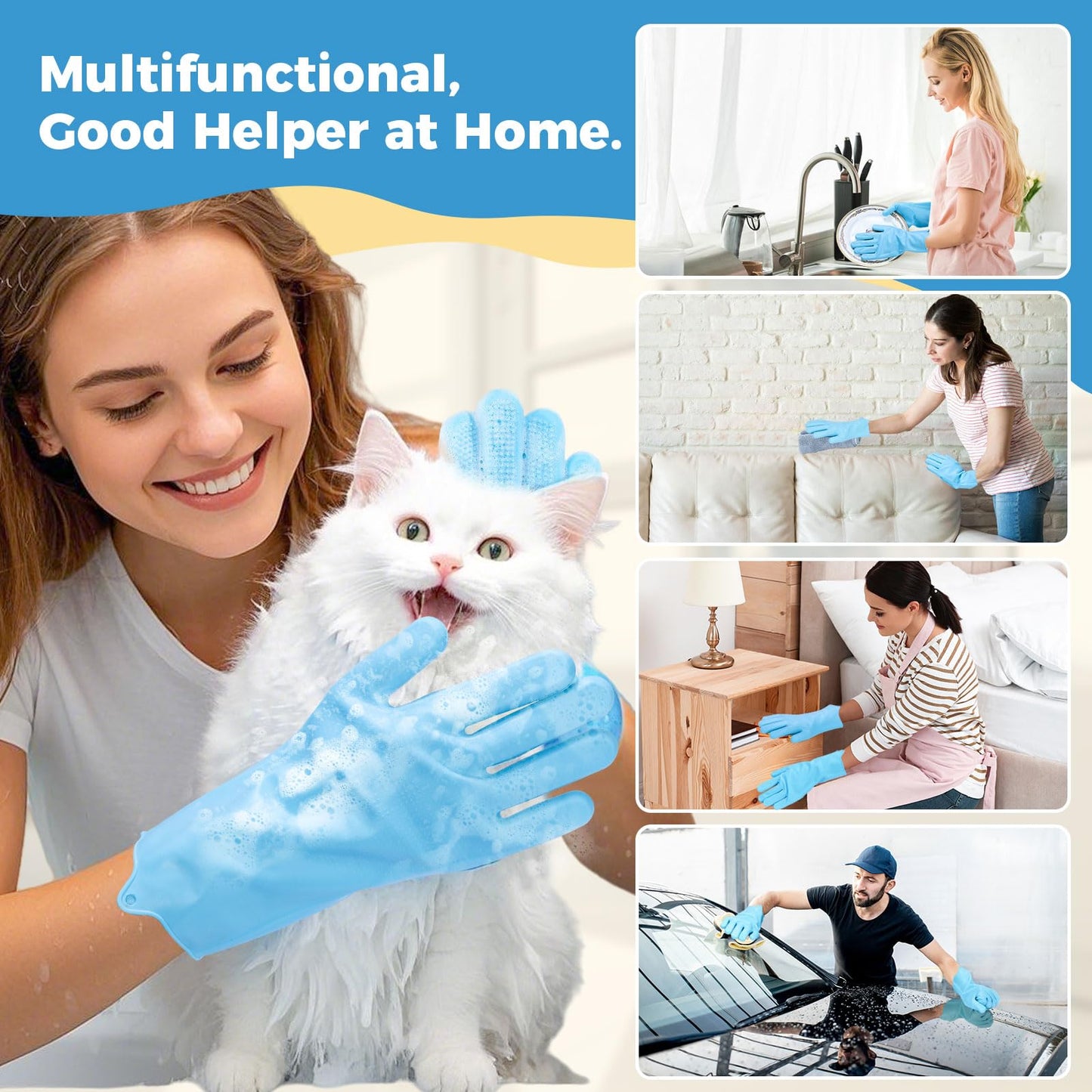 JINHUIYUAN Pet Grooming Gloves, Dog Washing Gloves with Silicone Teeth, Dog Bathing Shampoo Brush, Heat Resistant Five-Finger Design for Bathing, Massaging, Hair Removal, Suitable for Dogs and Cats