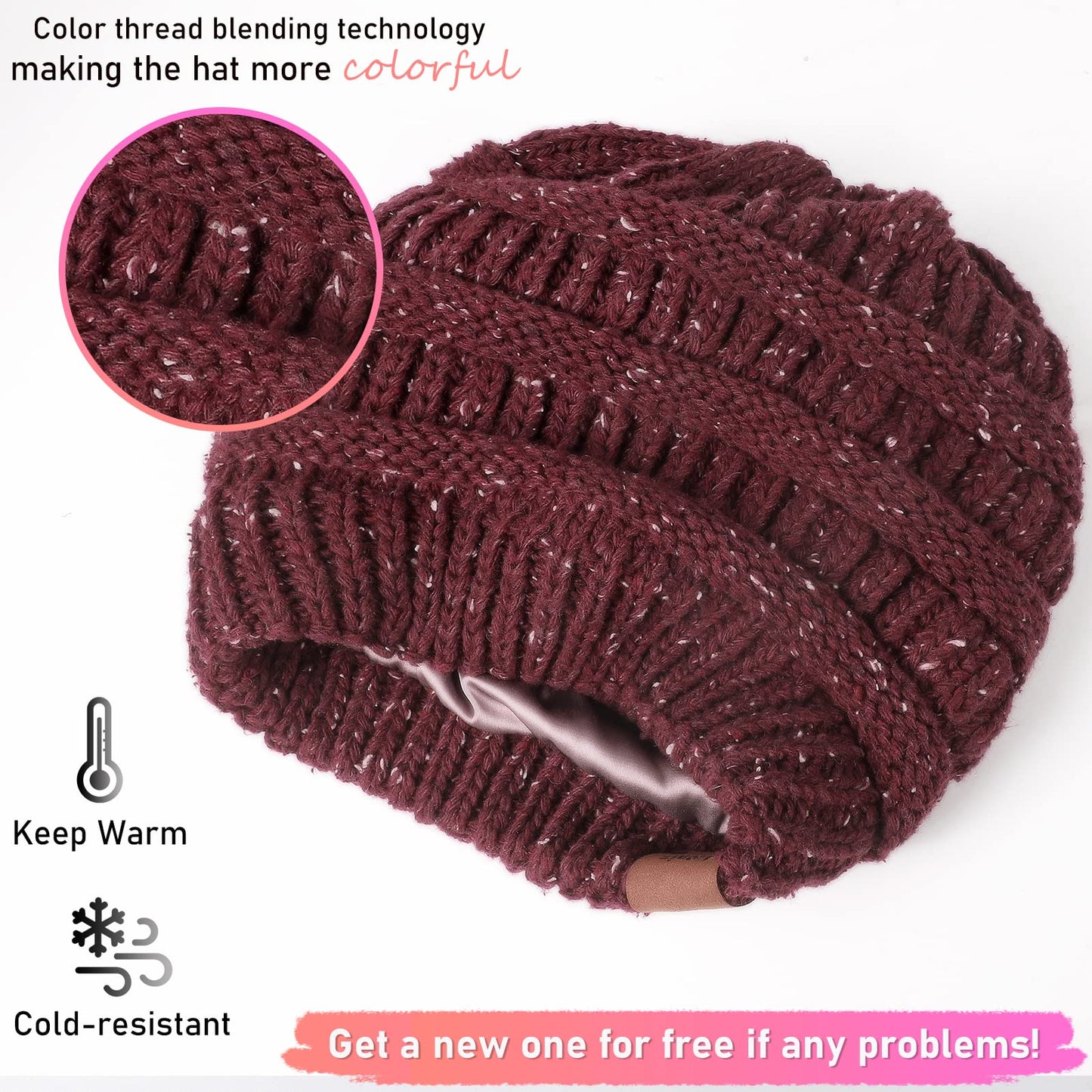 Winter Satin Lined Beanie Hats for Women Men Warm Oversized Slouchy Knitted Skull Cap with Satin Silk Lining for Natural Hair