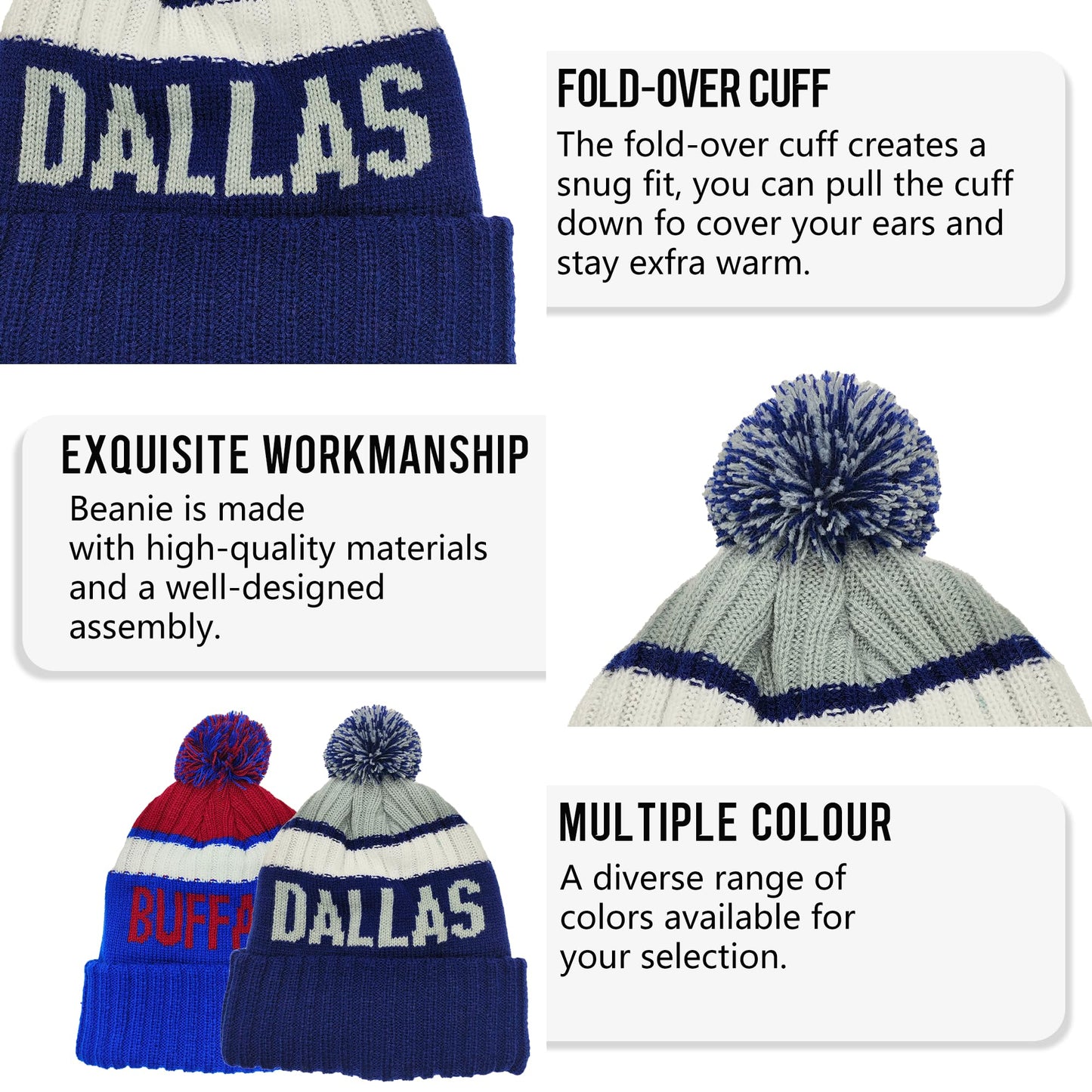 Classic City Beanie Hat,Unisex-Adult with Pom Winter Hat,Gift for Men Women.