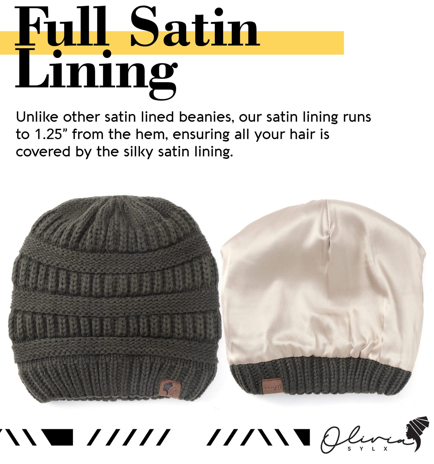 Olivia Sylx Satin Lined Beanie for Women - Satin Beanie,Silk Beanie, Satin Lined Winter Hats for Women & Slouchy Beanie Army Green