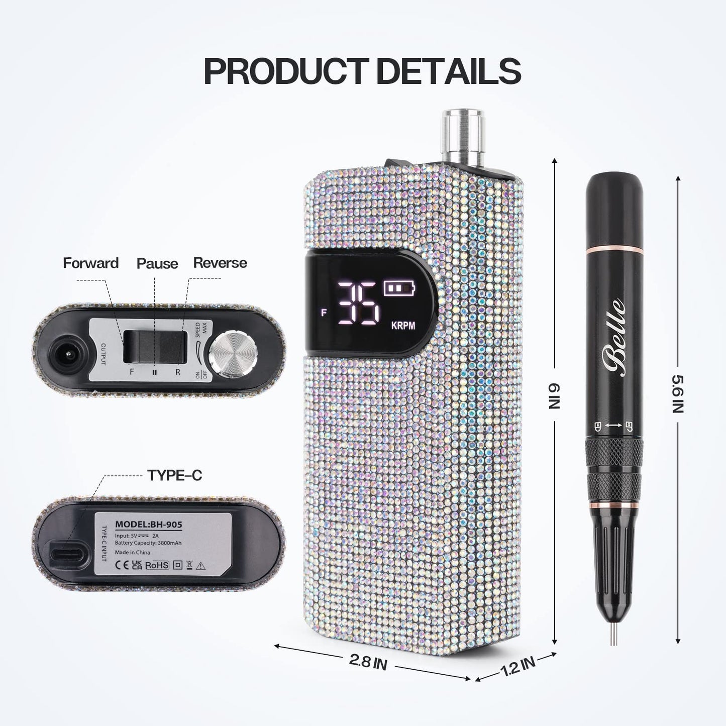 Professional Rechargeable Nail Drill Machine, Belle 35000RPM Electric Nail File Cordless Portable Nail Drill with Coreless Motor for Acrylic Nails, Manicure Pedicure Tool, Crystal Diamond