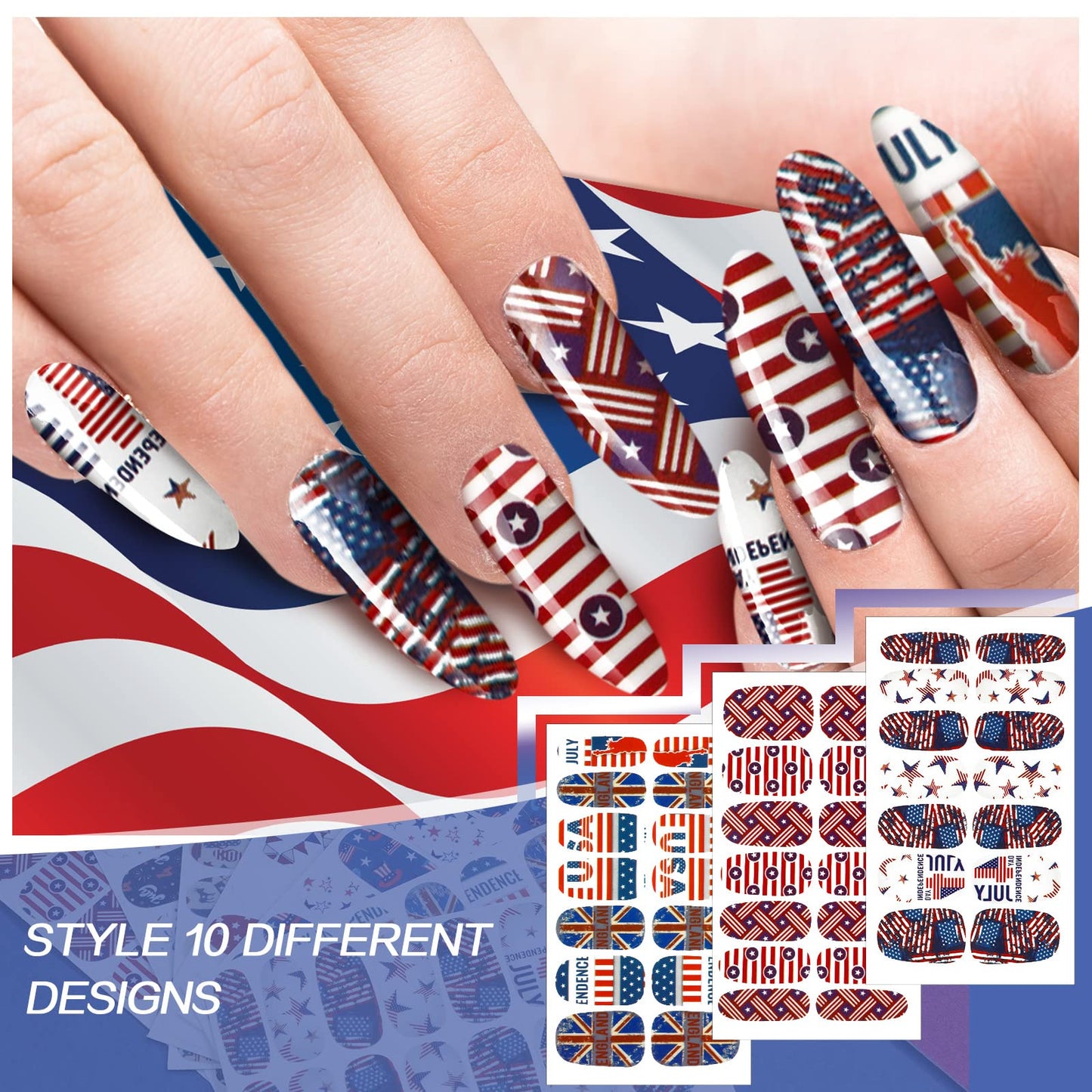Maitys 140 Pcs 10 Sheets Patriotic Full Wrap Nail Stickers 4th of July Polish Strips Gradient Stickers Memorial Independence Day Glitter Self Adhesive DIY Art Strips with 2 Pcs Nail Files