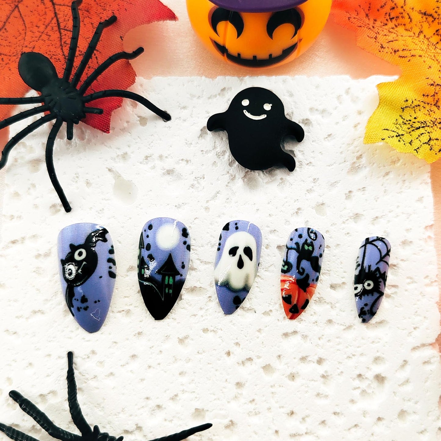 Halloween Press on Nails Medium Almond Fake Nails Purple Glue on Nails Cute Bat and Ghost Pattern Design Full Cover Stick on Nails Glossy Acrylic Halloween Nails Press ons for Women Girls 24 Pcs