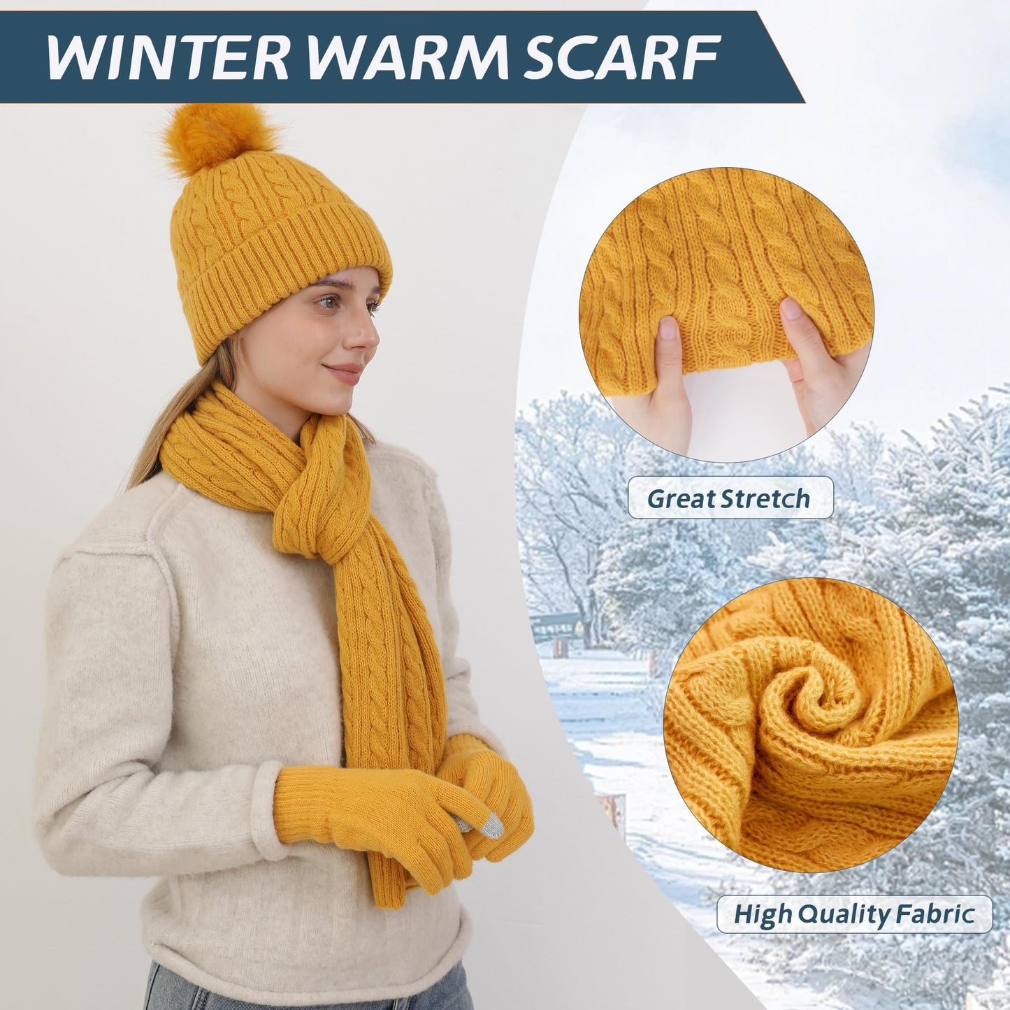 Double Couple Winter Beanie Hat Scarf Gloves Set for Women Beanie with Pom Long Scarf Warm Touchscreen Gloves Set