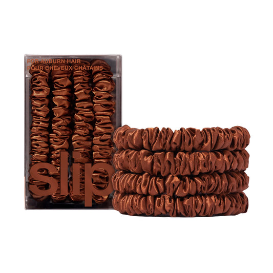 slip Silk Skinny Scrunchies - Auburn | Set of 4 Pure Silk Skinny Scrunchies | 100% Mulberry Silk, Anti-Crease, Gentle on Hair, Reduces Breakage | Stylish, Durable, Ideal for All Hair Types