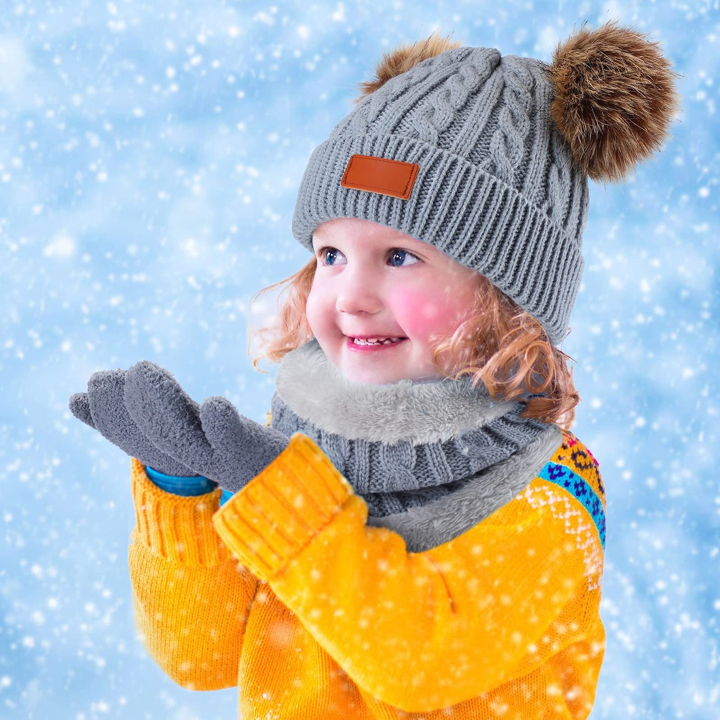 6 Pcs Toddler Kids Winter Hat Gloves Scarf Set Knit Beanie Hat with Pom Pom Mittens Neck Warmer for Baby Boys Girls 1-6 Year(Gray, White)