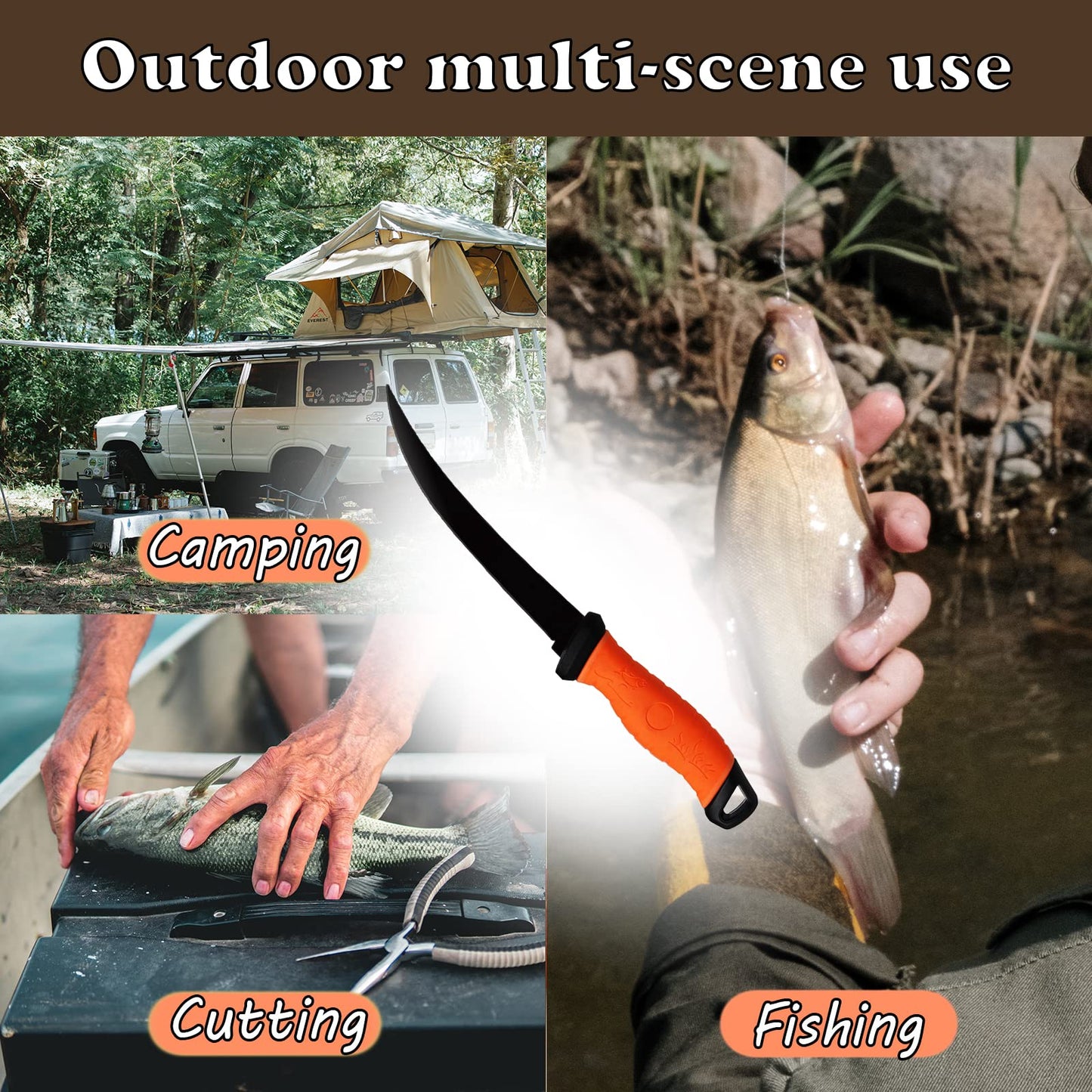 Fish Fillet Knife, 7 Inches Professional Fishing Fillet Knife Set Stainless Steel Blade in Corrosion Resistant Coating, with Sharpener and Cutting Resistant Gloves, for Fishing and Outdoor, Orange