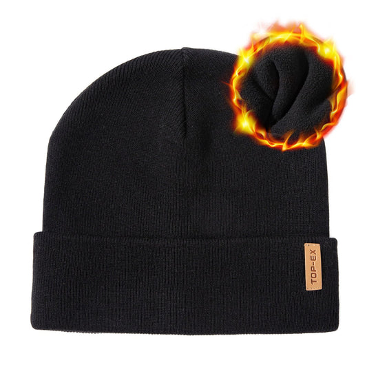 TOP-EX Winter Beanie Hats for Men Merino Wool Big Head Fleece Lined Cold Weather Hunting Running Ski Warm Medium Large Black
