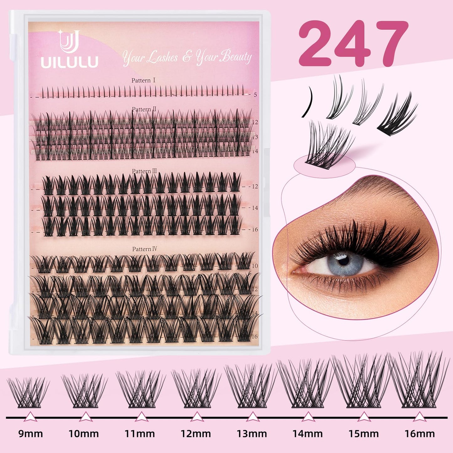 UILULU DIY Lash Clusters 4 Styles In One Individual Natural Lashes Clusters with Bottom Lashes, False Eyelashes Manga Clusters Lashes At Home DIY Lash Extensions (U01-4in1, 5-16MM Lash Only)