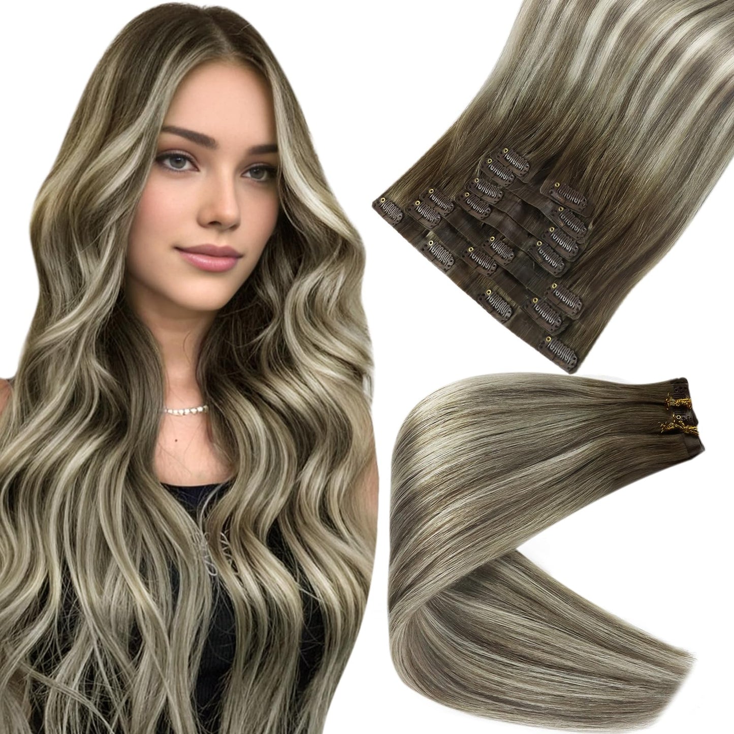 Full Shine Short Hair Extensions Clip ins Brown Ombre Clip in Human Hair Extensions With PU Weft Ash Brown Balayage Cool Blonde Remy Hair Extensions for Women Brazilian Hair 12 Inch 8 Pcs 95 G