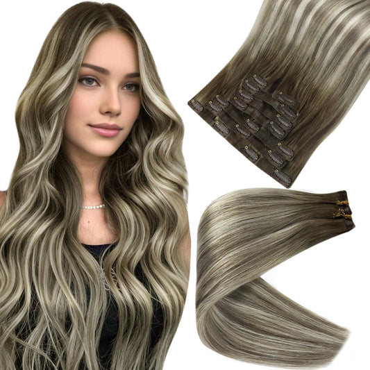 Full Shine Short Hair Extensions Clip ins Brown Ombre Clip in Human Hair Extensions With PU Weft Ash Brown Balayage Cool Blonde Remy Hair Extensions for Women Brazilian Hair 12 Inch 8 Pcs 95 G