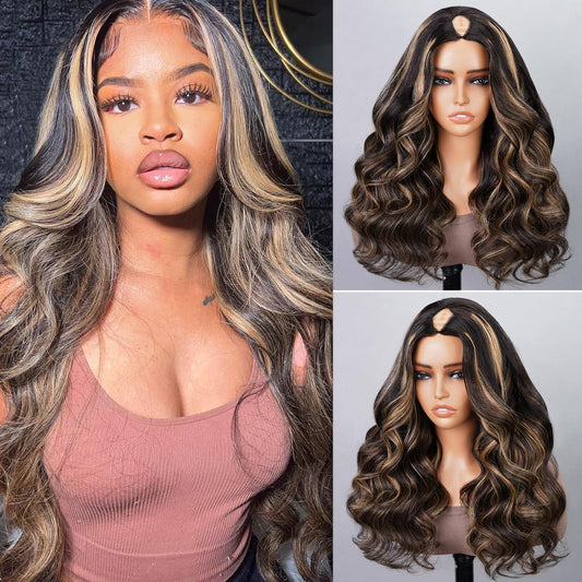 MEGALOOK V Part Wig Human Hair Highlight Wig Upgrade U Part Wigs for Black Women Human Hair Body Wave Human Hair Wig 180% Density No Glue No Sew In No Leave Out Beginner Friendly Half Wig 18 Inch
