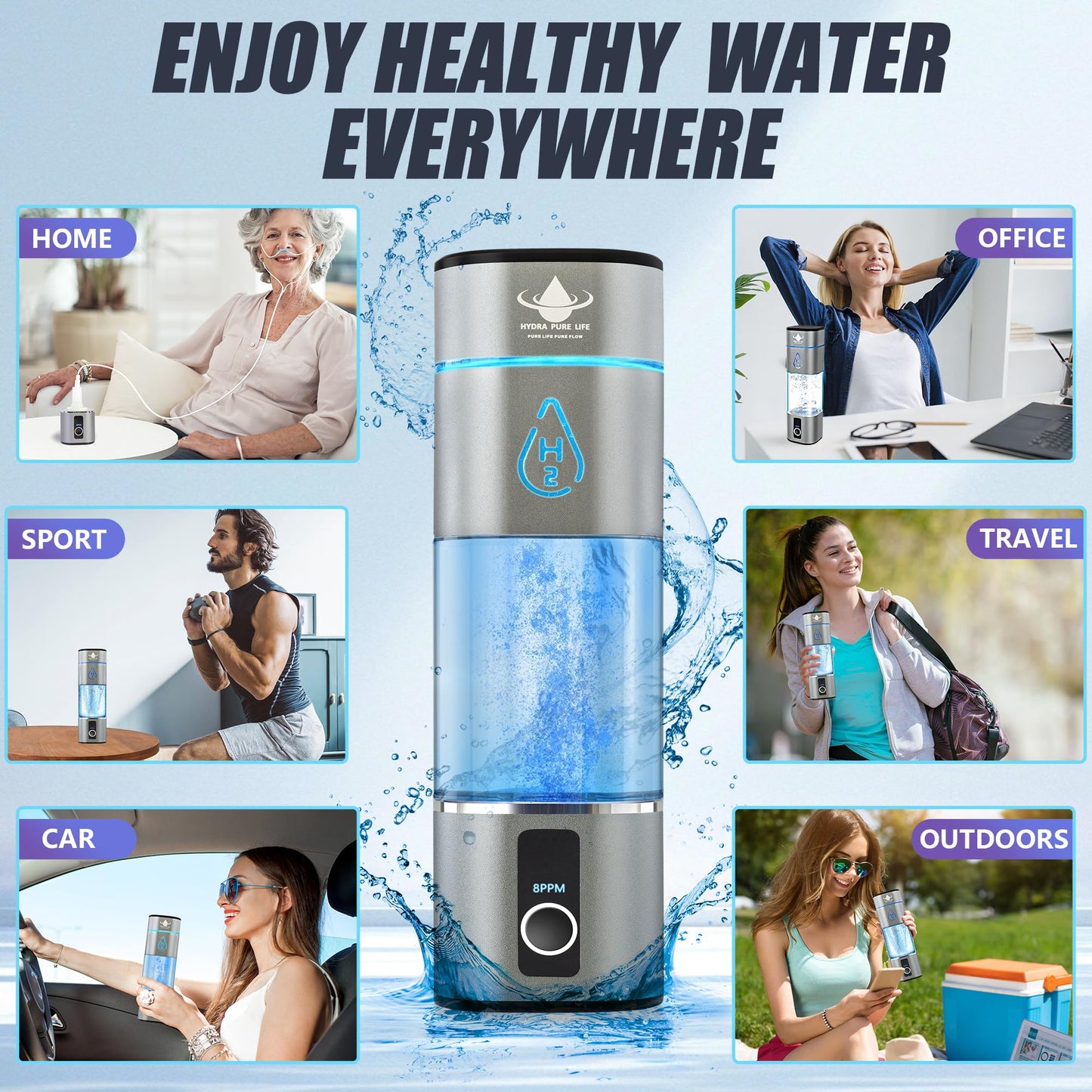 Hydra Pure Life Hydrogen Water Bottle Generator Up to 8000PPB with SPE & PEM, 2 Modes Rechargeable Portable 3-in-1 Multifunctional Hydrogen Water Machine with LED, Perfect for Office, Home, Gym